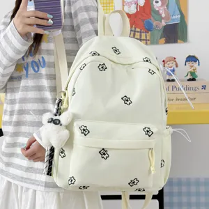 Cute bear embroidered canvas backpack for women school bag daily casual travel daypack