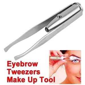 Stainless steel LED lighted eyebrow tweezer for precise hair removal and makeup grooming.