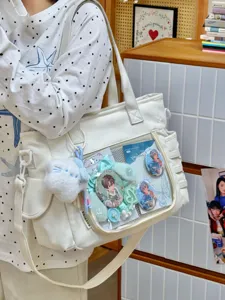 Λευκή τσάντα ώμου ita bag με διαφανές παράθυρο και θήκη για κονκάρδες anime γυναικών.