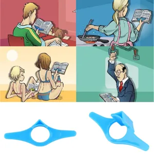 Plastic thumb book holder detail showing multiple daily use scenarios for reading.