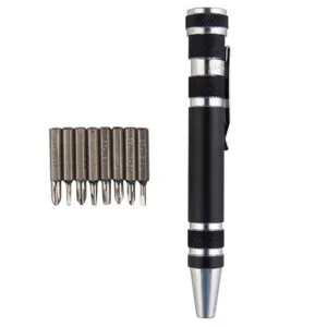 Multifunctional 8-in-1 precision pocket screwdriver pen set with alloy body and bits.