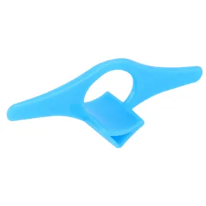 Blue plastic thumb book page holder detail close-up, ergonomic reading tool accessory.