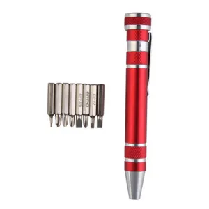 Multifunctional 8-in-1 pocket screwdriver tool with aluminum alloy body and bits set detail.