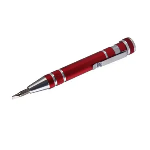 Detail view of the red multi-functional 8-in-1 screwdriver pen with portable pocket clip.