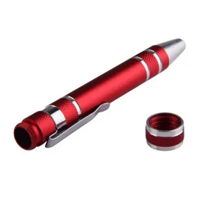 Detailed view of the red aluminum alloy multi-tool screwdriver pen with metal pocket clip.
