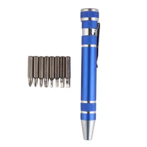 Multi-functional 8-in-1 screwdriver tool set with aluminum alloy body and metal bits.