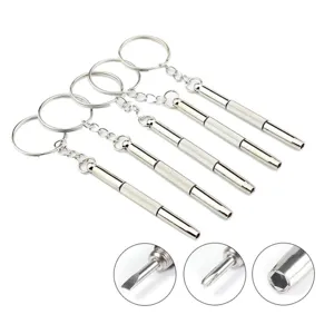 Detailed view of the mini portable screwdriver keychain showing interchangeable functional heads.