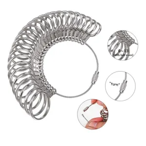 Metalen US ringmaat meter set 0-13 met halve maten, ring meetgereedschap met staalkabel lus.