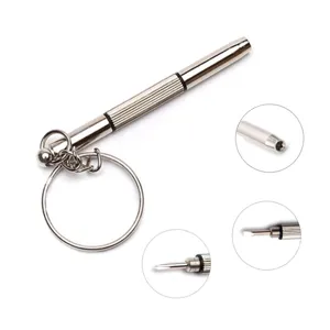 Portable mini metal screwdriver keychain detail view showing multiple interchangeable screw bit tips.
