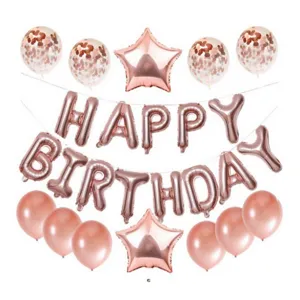 Rose gold birthday balloon set details, foil letter balloons and confetti balloons decor.