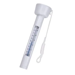 White floating pool thermometer with hanging string for swimming pool spa water temperature.