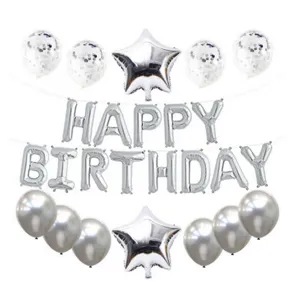 Silver happy birthday foil letter balloons set with star and confetti balloons for party decor