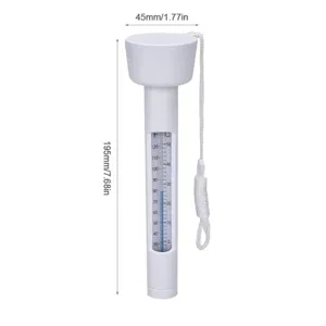 Floating pool thermometer detail view showing exact product dimensions and clear temperature scale.