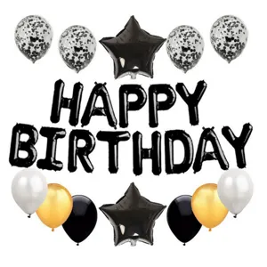 Detailed view of the happy birthday balloon set, showing confetti and star foil designs.