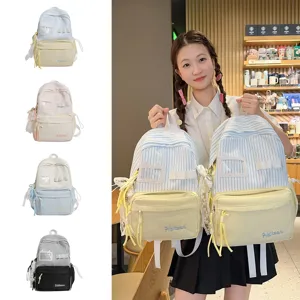 Japanese style cute girl backpack campus style striped canvas school bag with multi colors.