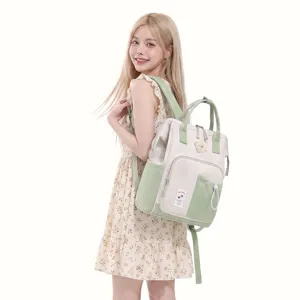 Large Capacity Diaper Bag Backpack Multi-functional Mother Baby Travel Bag Waterproof Nylon Contrast Color Bear Decoration Nursing Backpack