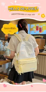 Detail view of Japanese style cute striped backpack with front pocket, lace trim and transparent slot.