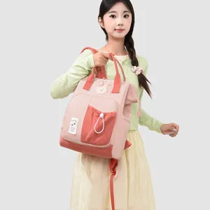 Multi-functional large capacity mommy diaper backpack with cute bear patch in pink and coral color.