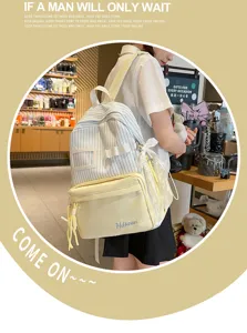 Cute Japanese style canvas backpack with stripes and pockets, ideal for girls and daily casual use.
