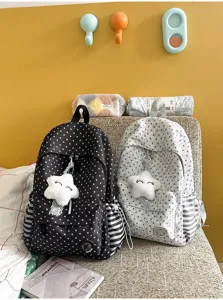Star print canvas backpack casual school bag with plush star pendant for student teens cute.