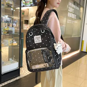 Japanese minimalist polka dot canvas backpack with clear front pocket cute school bag