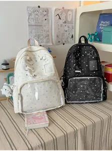 Mochila ita transparente escolar con patrón de estrellas y bolsillo frontal claro para viajes.