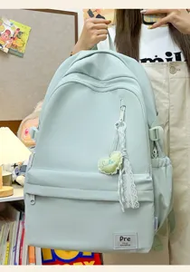 Light green canvas backpack casual school daypack with cute heart pendant large capacity