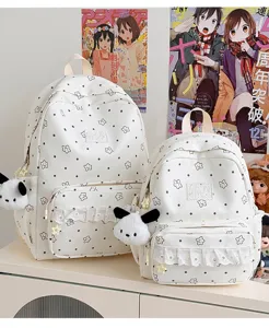 Zaino in tela stile college carino con motivo a stelle, tasca in pizzo e ciondolo panda.