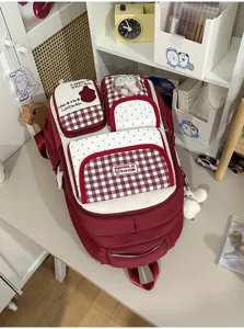 Red and white plaid school backpack with multi pockets cute design casual daypack for students