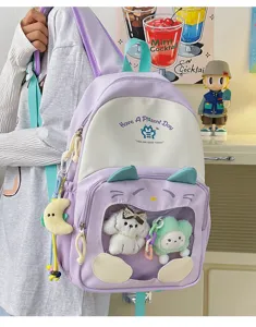 Zaino in tela viola stile giapponese carino con finestra trasparente e graziosi peluche.