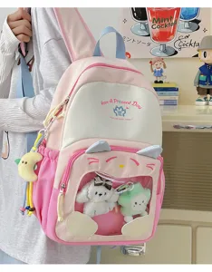 Zaino rosa stile ita-bag con finestra trasparente e orecchie di gatto per la scuola e tempo libero.