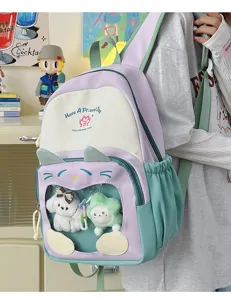 Zaino ita viola e verde con orecchie di gatto e finestra trasparente per spille e peluche.