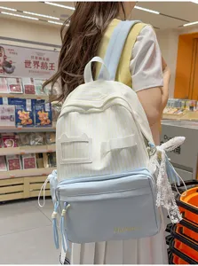 Detailed view of cute Japanese style striped backpack with front pocket and lace bow decoration.