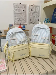 Japanese cute striped backpack girlish bestie school bag with badge window and front pocket