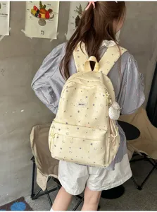 Japanese ins style star print canvas school backpack for teen girls casual daypack