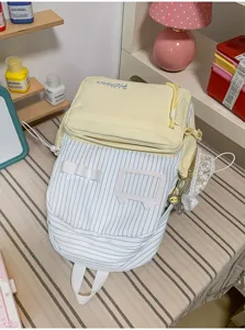 Japanese cute striped aesthetic backpack girlish school bag sweet casual daypack for women.