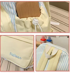 Japanese cute girlish canvas backpack with blue and yellow stripes, drawstring and pockets.