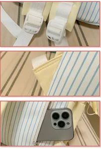 Close-up details of the Japanese cute striped backpack showing adjustable straps and pocket.