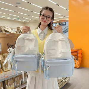 Japanese Fresh Cute Girls Backpack Striped Patchwork Nylon Waterproof Daypack Large Capacity Travel Schoolbag For Women