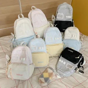 Japanese style sweet striped canvas backpack cute student school bag for girls daily travel