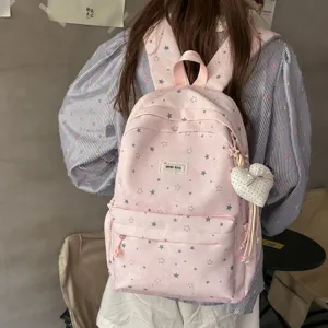 Japanese Style Ins Star Print Backpack For Teenage Girls Lightweight Waterproof Nylon School Bag With Heart Pendant Student Daypack