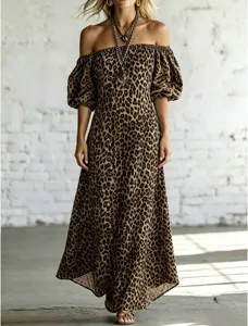 Leopard print off-the-shoulder maxi dress with puff sleeves and elegant draped A-line hem.