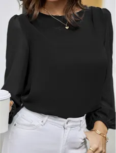 Casual elegant black long sleeve round neck blouse for women stylish daily wear top