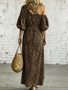 Off-shoulder puff sleeve leopard maxi dress, elegant drape A-line resort dress detail view