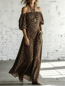 Stunning leopard print off-shoulder maxi dress with bubble sleeves and A-line drape.