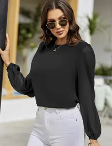 Women black crewneck long sleeve blouse minimalist commuting elegant casual fashion shirt top