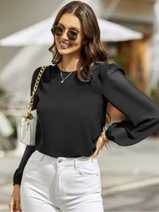 Chic black crewneck long sleeve blouse for women, elegant commuter top with stylish puff sleeves.