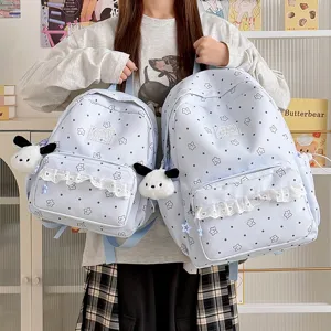 Zaino scolastico carino blu con stampa stelle balze e ciondolo cucciolo per ragazze