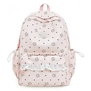 Zaino scolastico rosa per ragazze con stampa di stelle e grazioso bordo in pizzo.