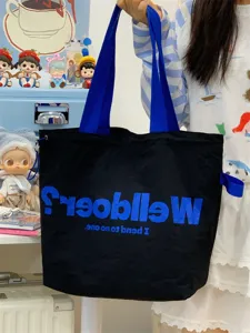 Korean dopamine canvas tote bag, large capacity casual shoulder bag with blue straps and text.